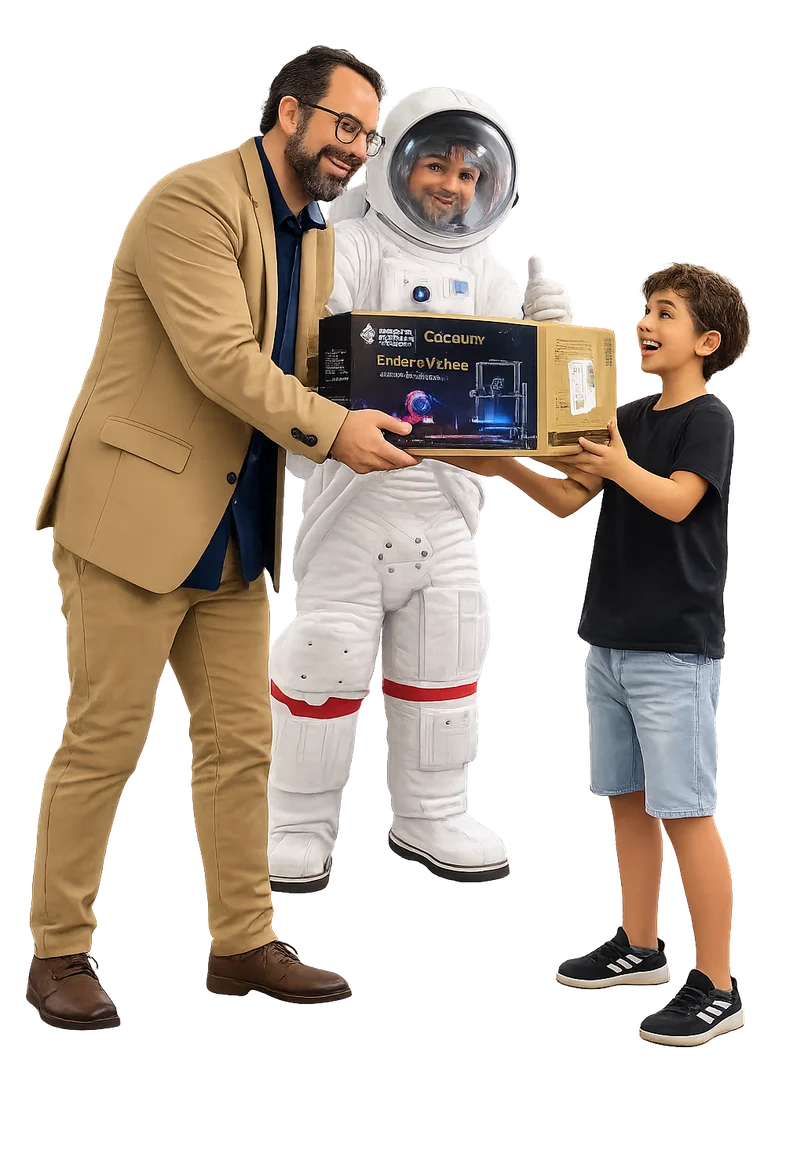 Alex Roger entrega impressora 3D a estudante ao lado do traje de astronauta