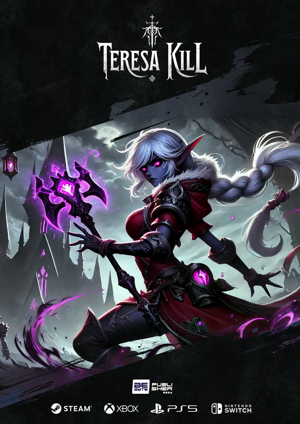 Arte de capa de Teresa Kill: Seraphine com sua arma arcana roxa diante do castelo